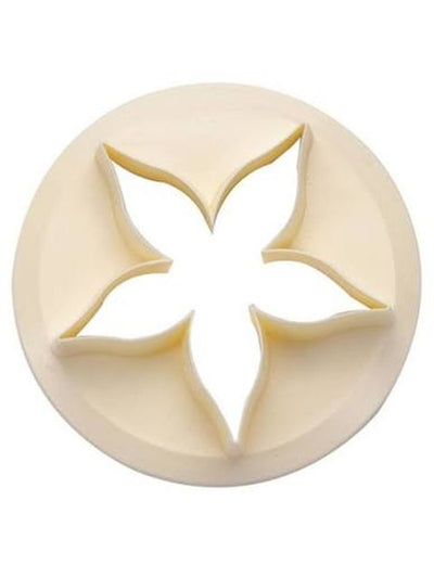 An off-white circular plastic cutter with a five-petal calyx silhouette cutout, shown on a solid white background.