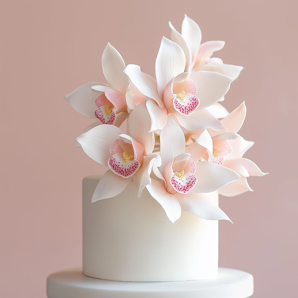 A white cylindrical cake  base adorned with large pale pink and white orchid flowers, set against a soft blush pink background.