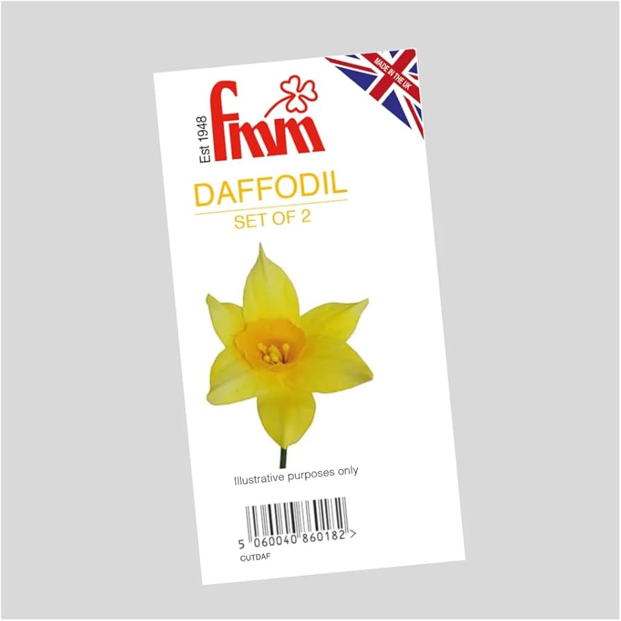 fmm daffodil cutter set packaging, featuring a finished icing daffodil flower
