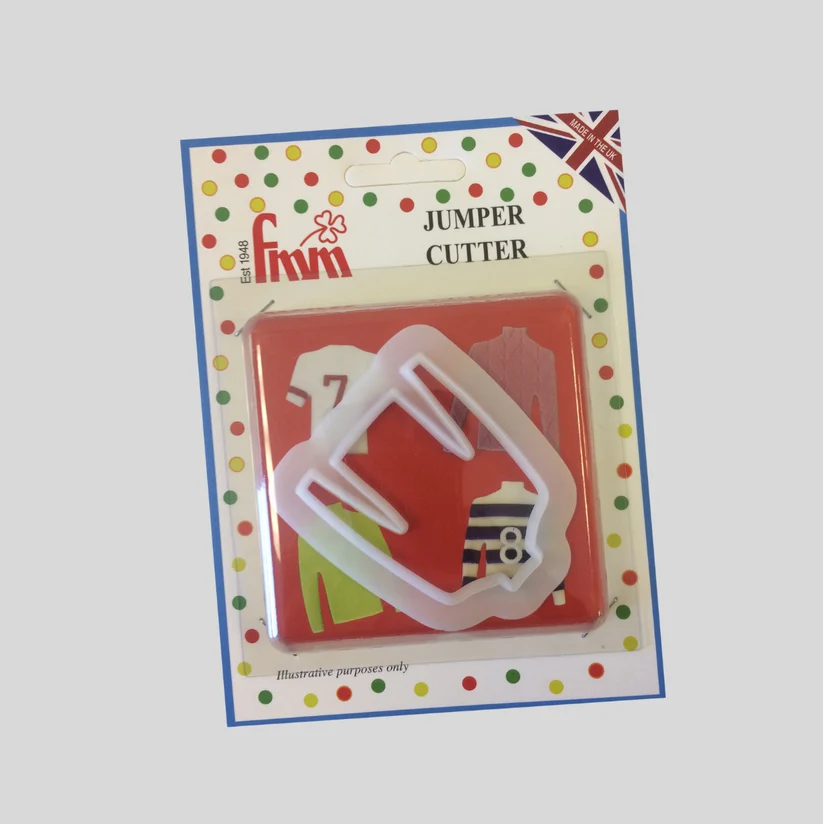 A white plastic jumper cutter in its original retail packaging, featuring a colorful card backing with a Union Jack flag and the brand name 'fmm'.