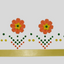 Two orange flowers with yellow centers and green dots arranged symmetrically above a gold ribbon on a light gray background.