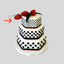 a cake with black polka dots on white fondant. Made with three tiers