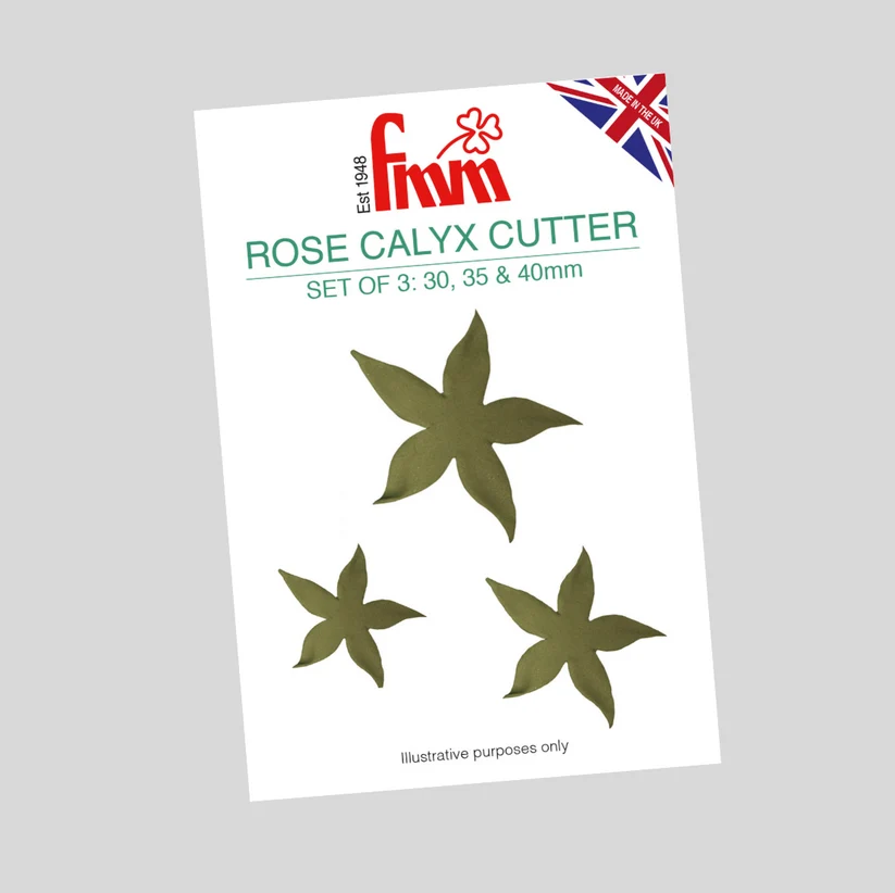 A product card for a 'Rose Calyx Cutter' set by the brand 'fmm'. The white card features the red and green 'fmm' logo, a small Union Jack flag, and three olive green illustrations of star-shaped rose calyx cutters in sizes 30mm, 35mm, and 40mm.