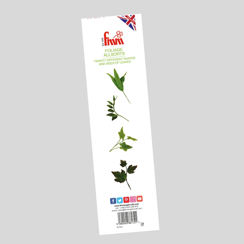 A vertical package insert for FMM 'Foliage Allsorts' leaf cutter set showing various green leaf shapes on a white background with the FMM logo