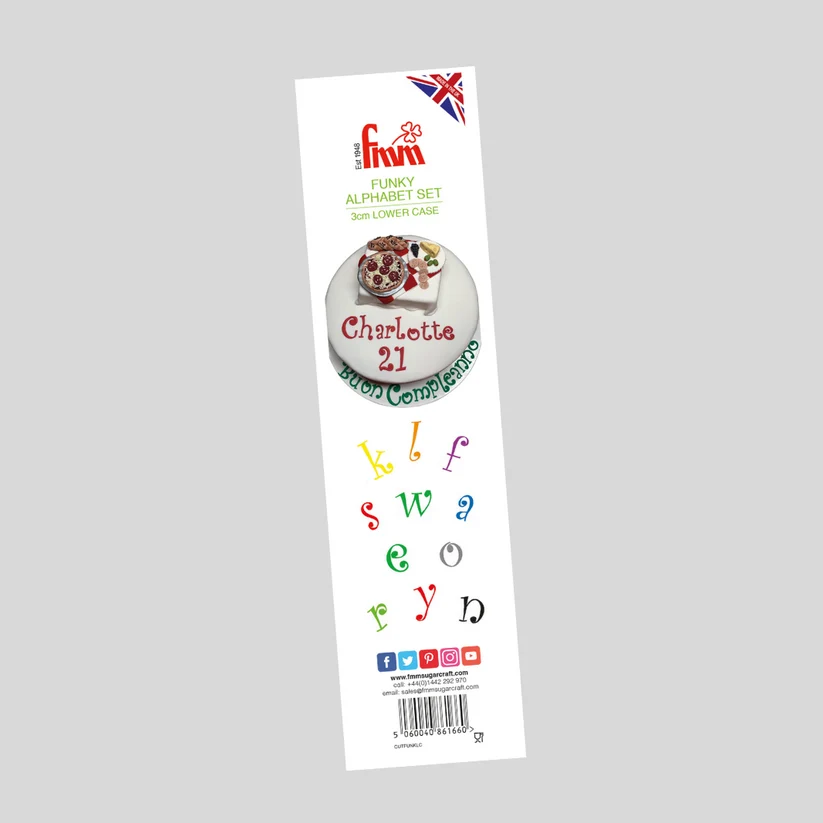A vertical package insert for a 'Funky Alphabet Set' by the brand 'Fmm', showing colorful raised alphabet letters and a sample cake decoration on a white card against a light gray background.