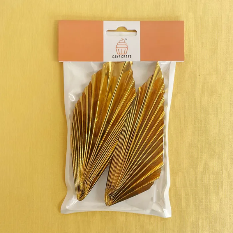 Paper palm leaf fan decorative cake topper 2 per pack Metallic Gold