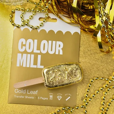 Gold leaf product with 'Colour Mill' packaging on a gold background