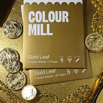 Gold leaf transfer sheets with 'Colour Mill' branding on a gold background