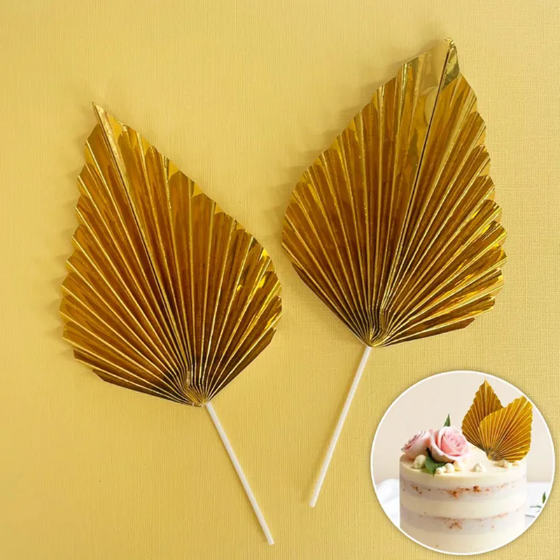 Paper palm leaf fan decorative cake topper 2 per pack Metallic Gold