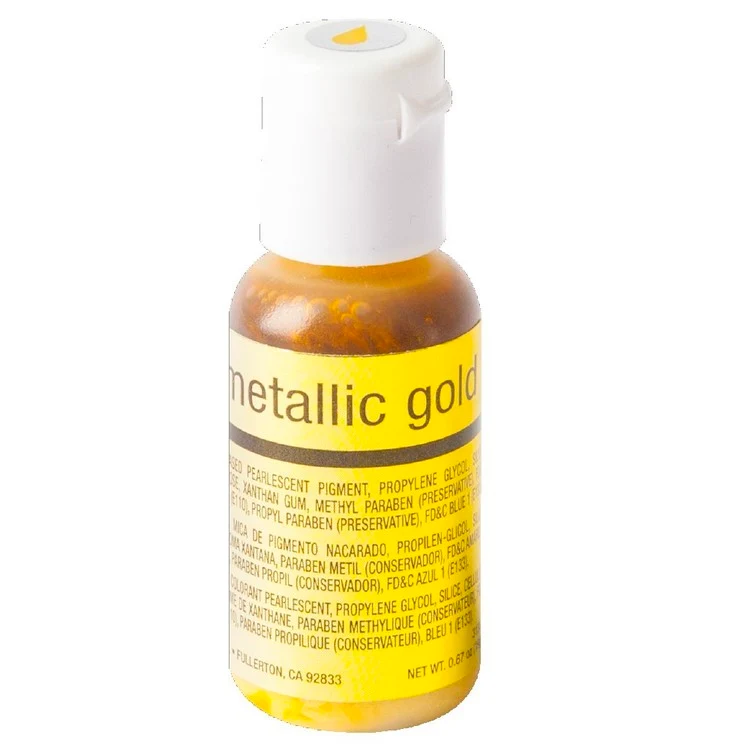 A small bottle of metallic gold liquid airbrush colour with a white flip-top cap and a yellow label, shown on a plain white background.