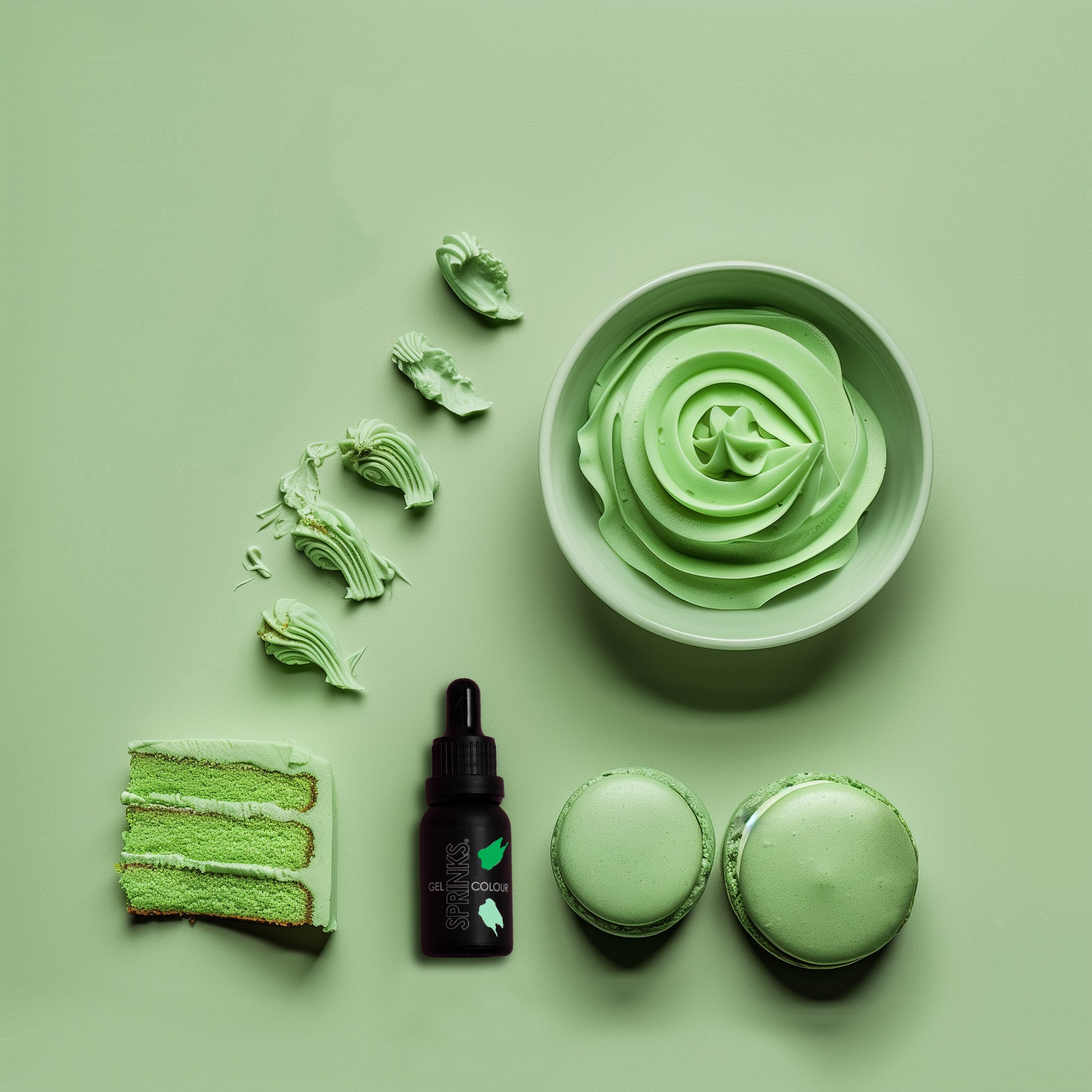Green icing products including a cream, cake, and bottle on a green background