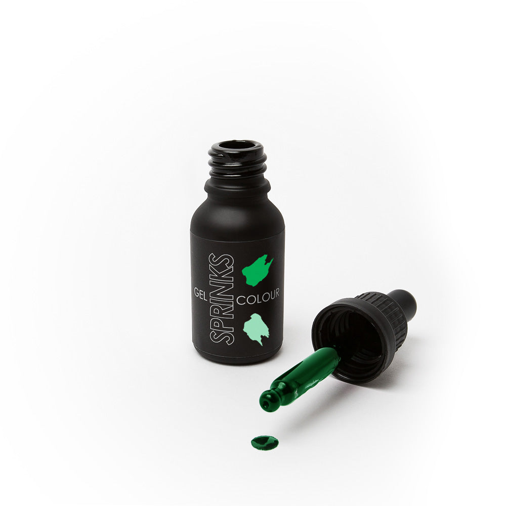 Black bottle of Sprinks gel color with open cap on a white background