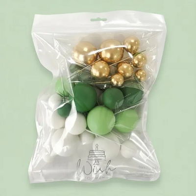 Green, white & gold foam ball deco toppers 32 pieces