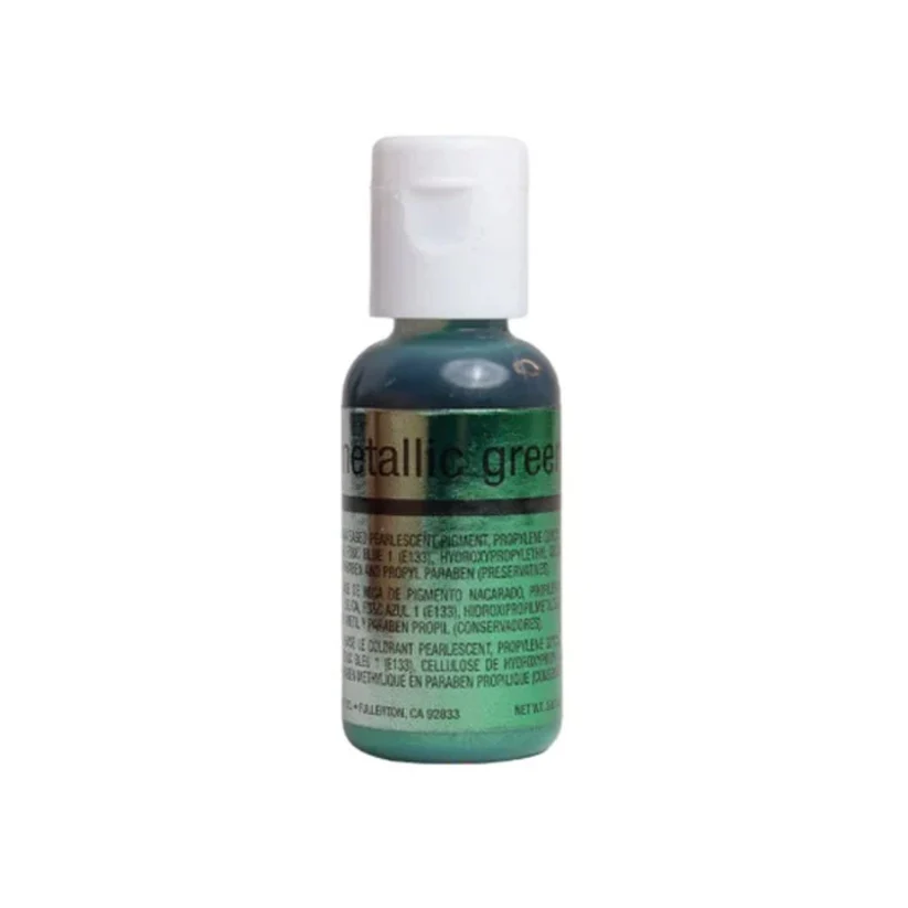 A small bottle of metallic green airbrush colour with a white cap, shown against a plain white background.