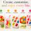 Promotional graphic for a gummy candy-making kit, with the headline 'Create, customize, and enjoy every bite.' above five illustrated panels showing gummies, flavor mixing in a glass, candy making in a mold, kids-friendly gummies, and mold filling.
