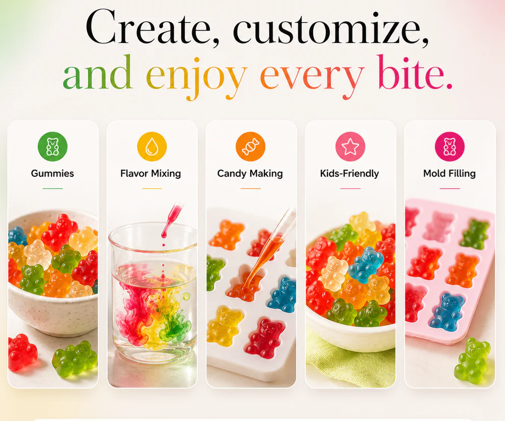 Promotional graphic for a gummy candy-making kit, with the headline 'Create, customize, and enjoy every bite.' above five illustrated panels showing gummies, flavor mixing in a glass, candy making in a mold, kids-friendly gummies, and mold filling.