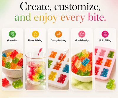 Promotional graphic for a gummy candy-making kit, with the headline 'Create, customize, and enjoy every bite.' above five illustrated panels showing gummies, flavor mixing in a glass, candy making in a mold, kids-friendly gummies, and mold filling.