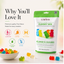 Lorann Gummy Mix in a stand-up pouch with a green top and white lower section, shown beside bowls and loose gummy candies on a light beige background. Text on the left reads 'Why You'll Love It' with product benefits and icons.