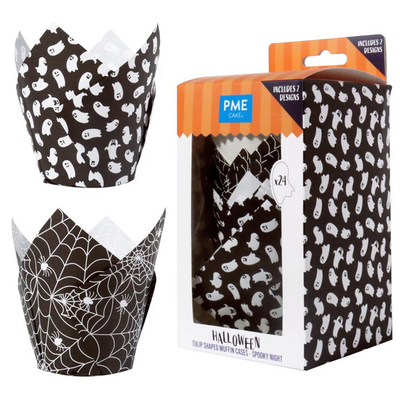 Halloween-themed cupcake liners with spider webs and ghosts, displayed with packaging.