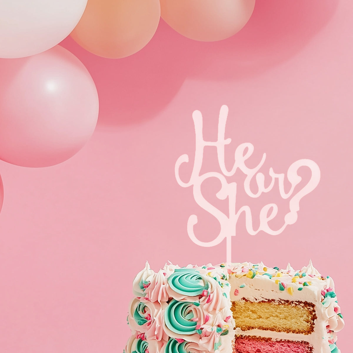 Decorative cake with 'He or She?' topper on a pink background with balloons