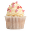 Cupcake with white frosting and pink heart-shaped sprinkles on a white background