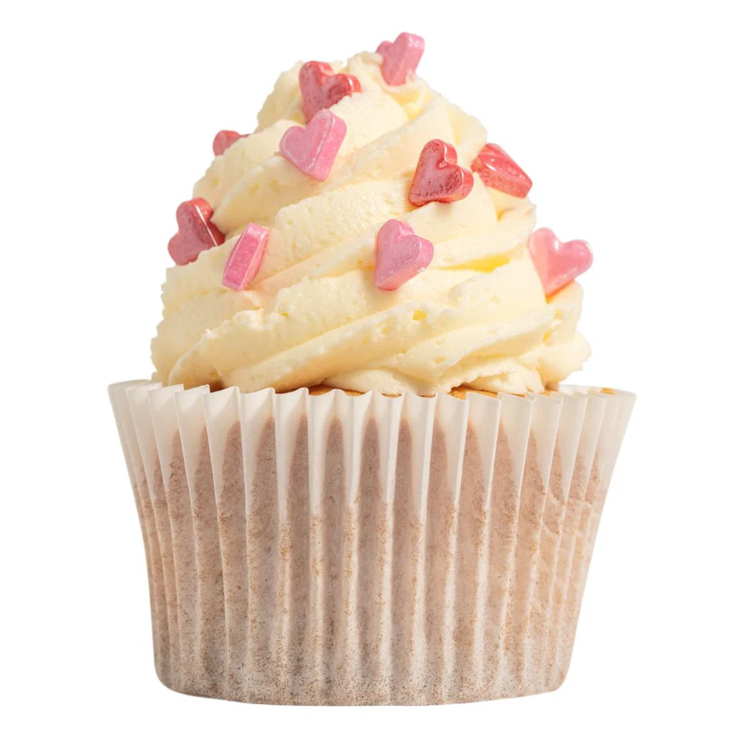 Cupcake with white frosting and pink heart-shaped sprinkles on a white background