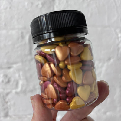 3 colours of heart shape sprinkle sin a jar