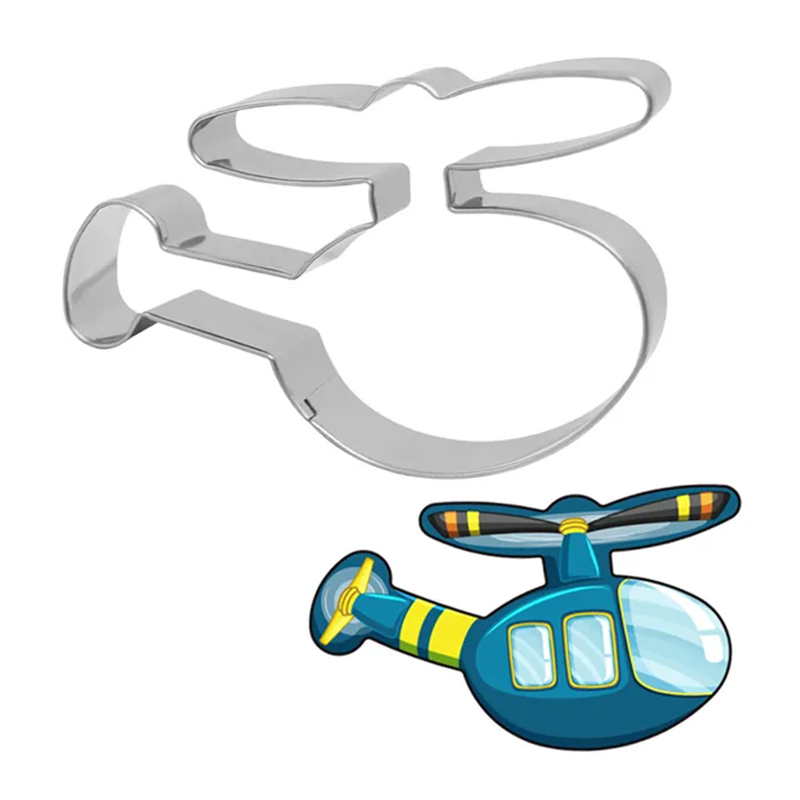 Helicopter-shaped cookie cutter with a cartoon helicopter illustration below on a white background