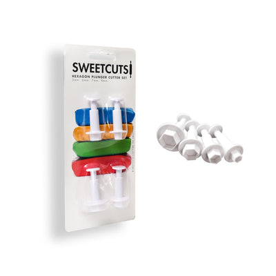 Set of hexagon plunger cutters with packaging labeled 'Sweetcuts' on a white background.
