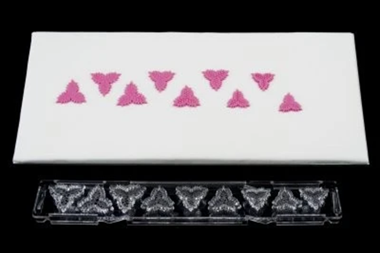 A white rectangular tray or mat with a row of small pink fondant icing holly leaves across the top, shown above a clear plastic cutter for the same shapes
