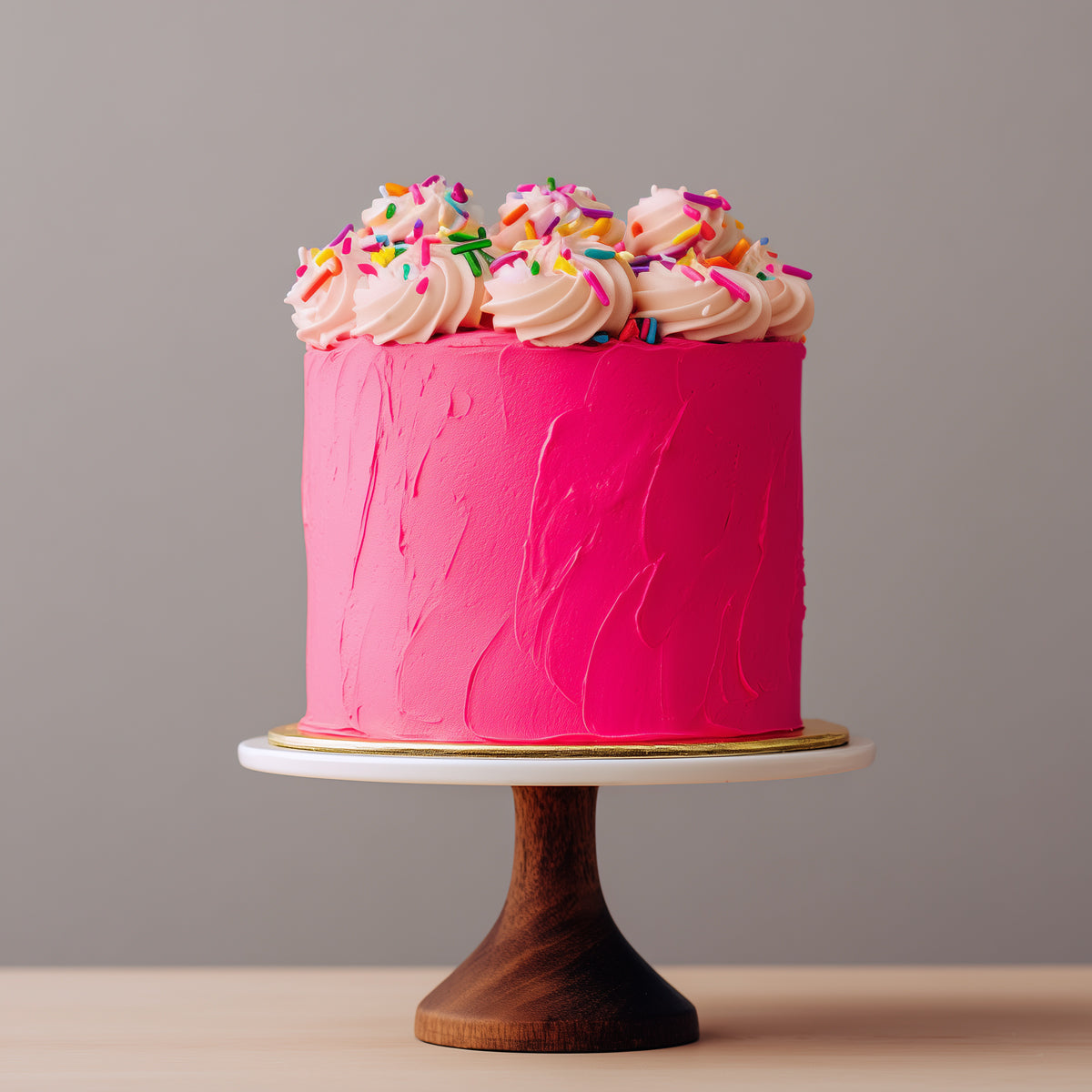 A pink frosted cake with piped cream frosting on top and colorful sprinkles, displayed on a white and dark wood cake stand against a neutral gray background.