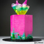 Colorful cake with a pink base and multicolored top on a dark background