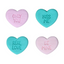 Four heart-shaped edible candy hearts with romantic messages on a white background