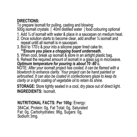 A text-based instruction sheet detailing how to prepare isomalt for pulling, casting, and blowing, along with storage instructions and nutritional facts per 100g.