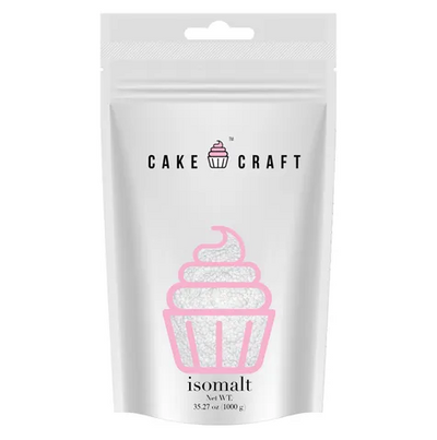 A stand-up pouch of Cake Craft Isomalt crystals in a white package with a pink cupcake outline and black brand text, photographed on a plain white background.
