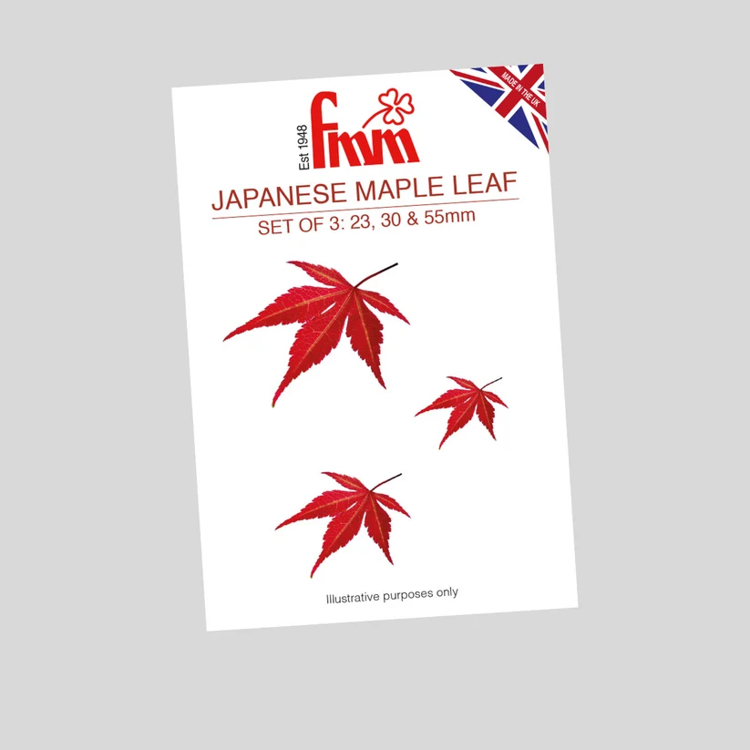 A product card for 'Fmm' brand Japanese Maple Leaf cutters, showing red maple leaf illustrations on a white background with a Union Jack corner accent.