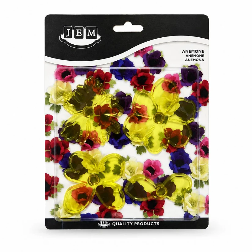 JEM brand anemone flower craft cutters in a blister pack. displayed on a white background with a black header card.