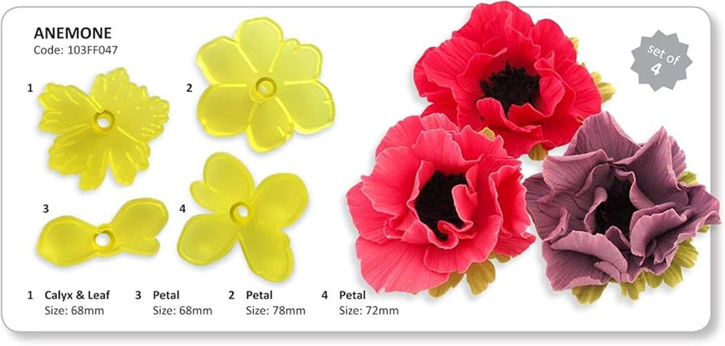 Jem anemone plastic flower cutters with examples of finished flowers made of icing