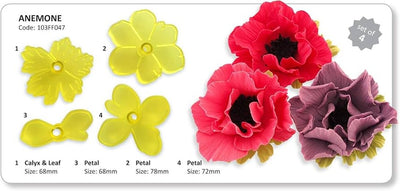 Jem anemone plastic flower cutters with examples of finished flowers made of icing