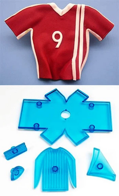 Cutters to make a sports shirt from fondant or gumpaste. Showcased next to an icing shirt