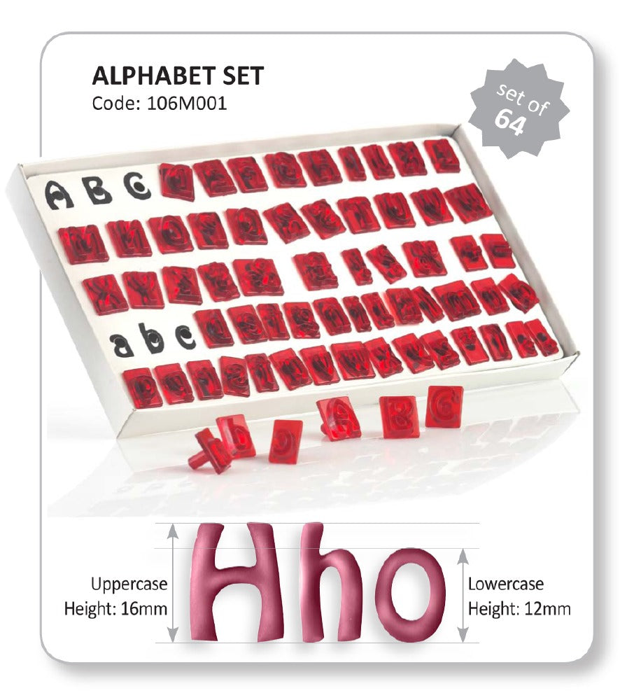 Alphabet set of 64 red and black rubber letter stamps in a white tray, with three sample lowercase letters shown in front. The image includes text labels for uppercase and lowercase height and a gray badge reading 'set of 64'.