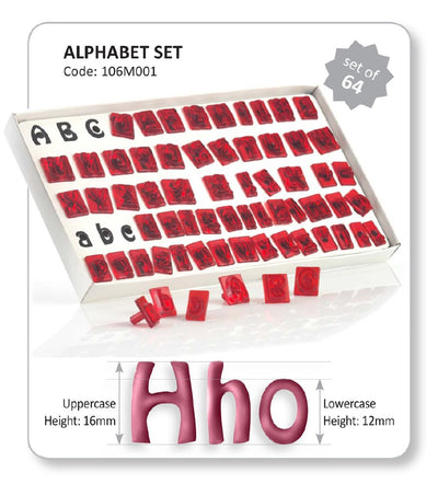Alphabet set of 64 red and black rubber letter stamps in a white tray, with three sample lowercase letters shown in front. The image includes text labels for uppercase and lowercase height and a gray badge reading 'set of 64'.