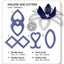 A set of four blue plastic hollow side cutters for cake decorating, shown with product names and sizes on a white background. A sample decorated flower is also shown to demonstrate use.