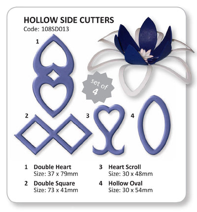 A set of four blue plastic hollow side cutters for cake decorating, shown with product names and sizes on a white background. A sample decorated flower is also shown to demonstrate use.