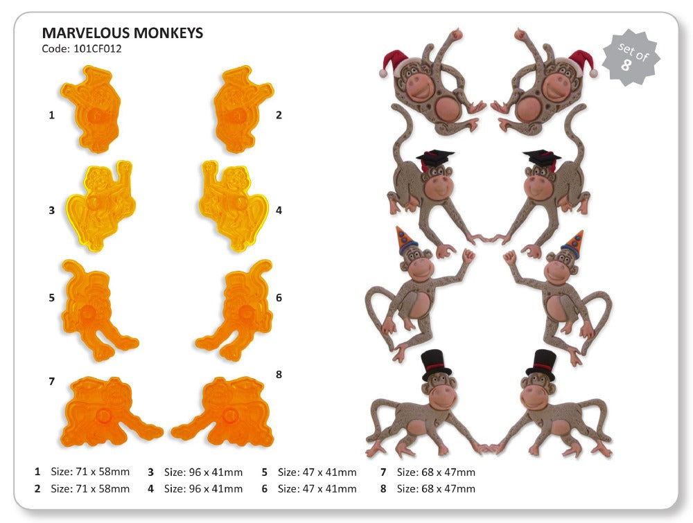 Set of eight yellow icing cutters in the shape of monkeys, with varying sizes listed on the packaging. Shown alongside an icing example