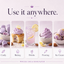 Promotional graphic for Princess Cake & Cookie flavour showing lavender-colored candy, frosting, ice cream, and a pink drink with lemon slices, with text reading 'Use it anywhere.' and categories labeled Candy, Baking, Drinks, Frosting, and Ice Cream.