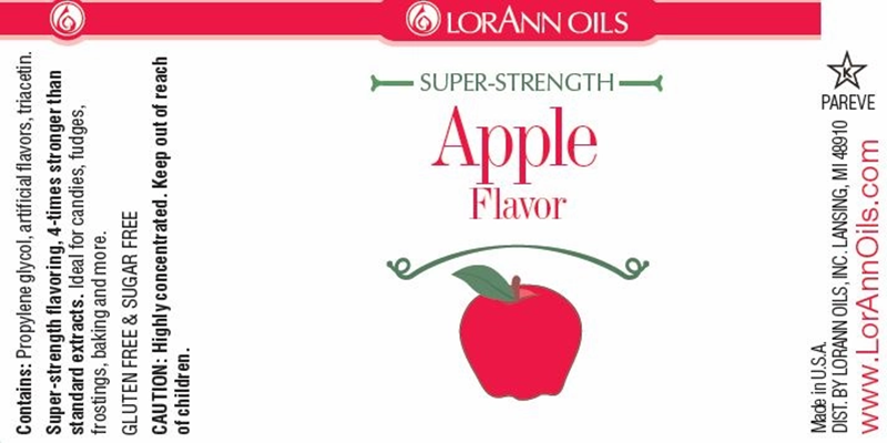 LorAnn Oils Super-Strength Apple Flavour label with red apple graphic and brand name.