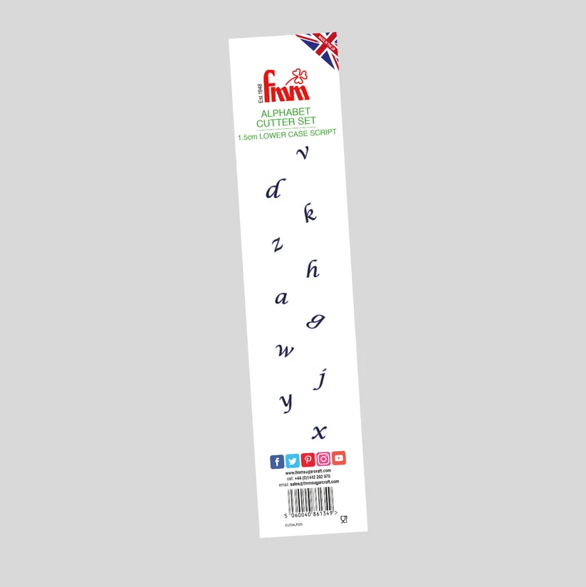 FMM packaging for lower case fondant alphabet cutter set