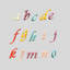 The lowercase alphabet from a to o is shown in a script fontt, with each letter in a different pastel color like yellow, pink, blue, and orange, arranged in three rows on a solid gray background.