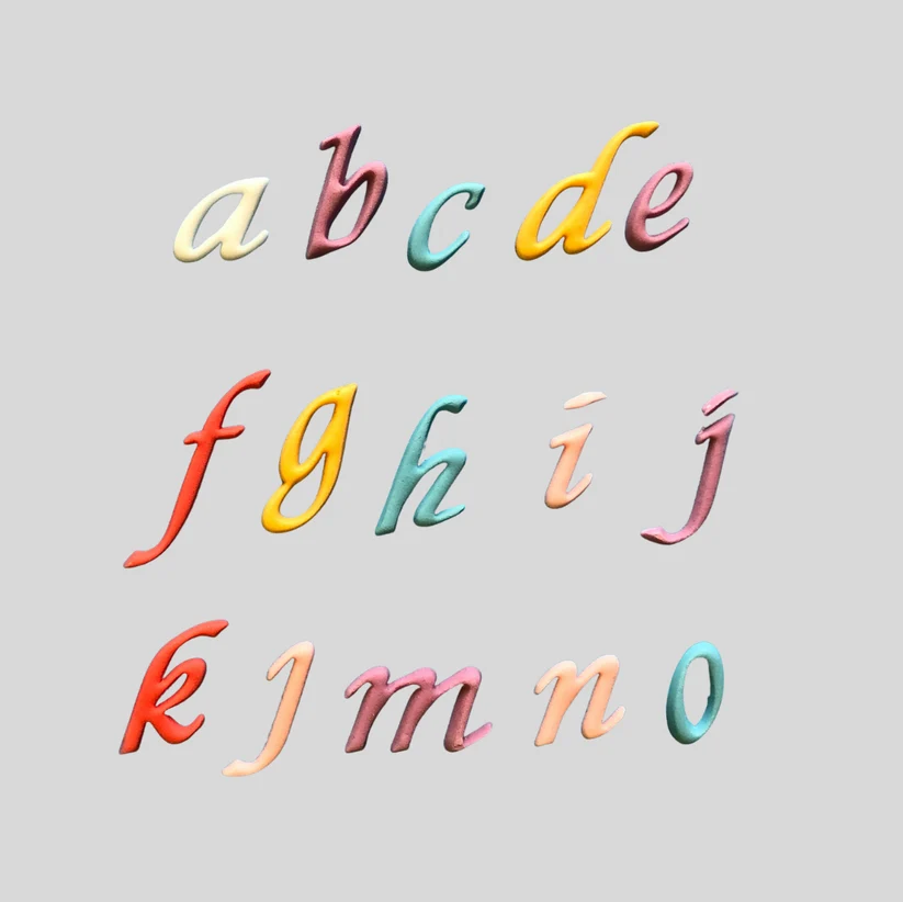 The lowercase alphabet from a to o is shown in a script fontt, with each letter in a different pastel color like yellow, pink, blue, and orange, arranged in three rows on a solid gray background.